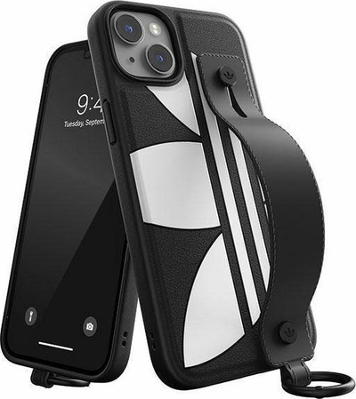 Këllëf telefoni Adidas Handstrap Case për iPhone 14 Plus, rrip dore, i zi e bardhë