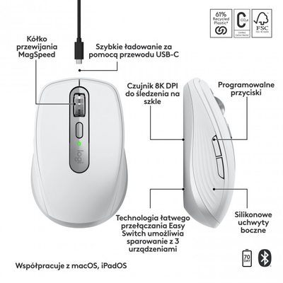 Maus Logitech MX Anywhere 3S for Mac, wireless, i vogël kompakt, gri i çelët