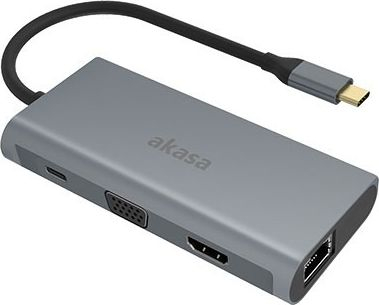 Docking stacion Akasa USB Type-C 9‑në‑1, 4K HDMI, PD 100W, gri