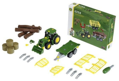 Set lodër me traktor ndërtimi John Deere 6215R, me rimorkio bari edhe rimorkio shtylle, jeshil