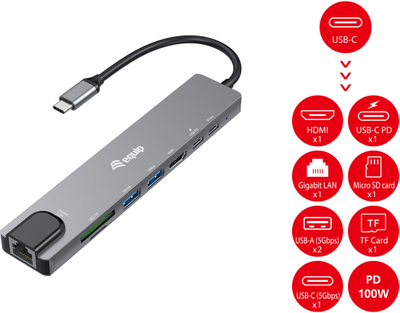 Adaptues USB C Equip, HDMI, GbE, 3x USB 3.2 Gen1, SD TF, PD 100W, gri