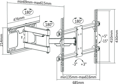 Mbajtës muri për TV Kruger&amp;Matz KM1305, 37"-70", 60kg, i zi