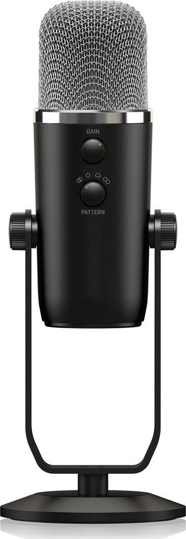 USB микрофон Behringer 2020, кондензаторски студиски, со слушалки и Mute, црн