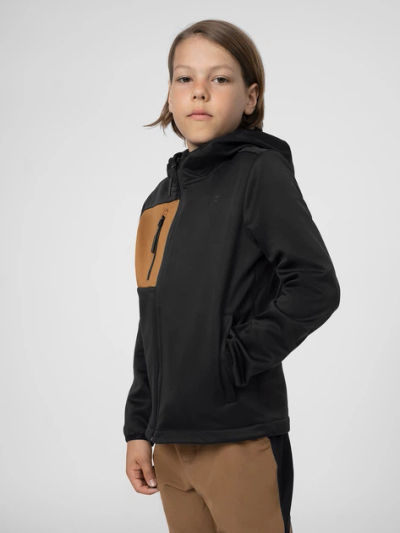 Xhaket softshell për çuna 4F 4FJSS23TSOFM041, me kapuç, 140 cm, e zezë