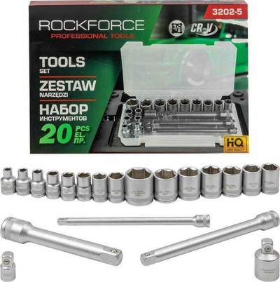 Set çelësash me kokëza ROCKFORCE, 3/8", 20 copë, me zgjatues dhe adaptera