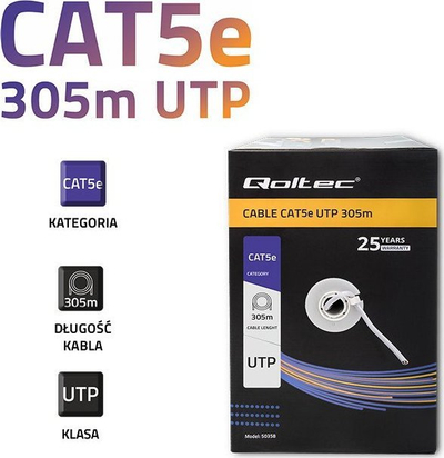 Kabllo rrjeti Qoltec CAT5E UTP, 305m, PVC, gri