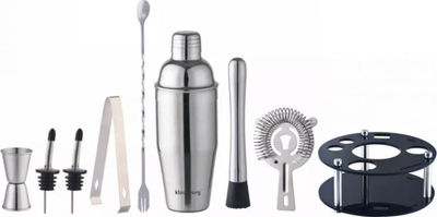 Set bartendër për kokteje, 9 pjesë, me qëndrim akrilik, inox, ngjyrë argjendi
