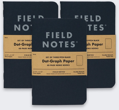 Bllok shënimesh Field Notes Pitch Black, 3 copë, 3.5\"x5.5\", dot grid, 48 faqe, i zi