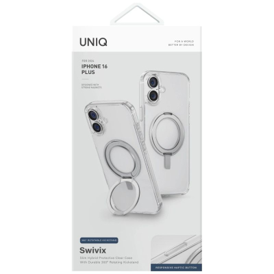 Маска за телефон UNIQ Swivix за iPhone 16 Plus, 6.7\", ротирачка потпорна ножичка 360°, транспарентна