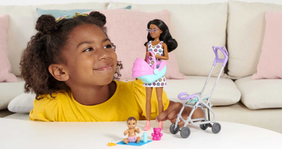 Set lodrash Mattel Barbie Skipper Babysitters Inc Stroller, me kukull dhe bebe, me karrocë, shumëngjyrësh