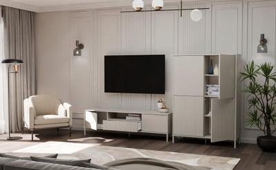 Kabinet TV KAMARO 160, MDF, me rafte dhe dollapë, bezh kashmiri