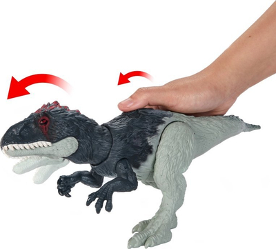 Figurë dinosauri Mattel Jurassic World Wild Roar Eocarcharia, tinguj dhe lëvizje, gri e zezë