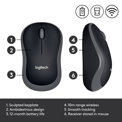 Maus Logitech M185 - Wireless, 2.4GHz, e zezë/gri