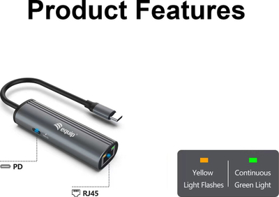 Адаптер мрежен Equip USB-C во RJ45, Gigabit Ethernet, Power Delivery, сив