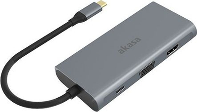 Docking stacion Akasa USB Type-C 9‑në‑1, 4K HDMI, PD 100W, gri