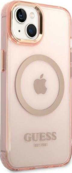 Mbulesë telefoni Guess GUHMP14MHTCMP për iPhone 14 Plus, MagSafe, rozë transparente me kornizë ari