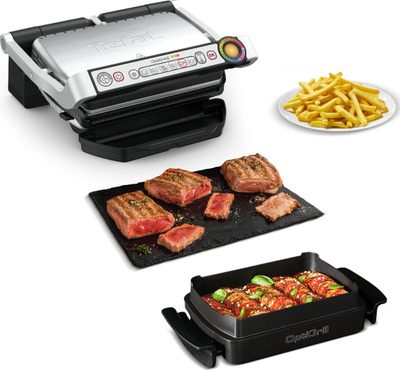 Grill elektrik Tefal OptiGrill+ GC714D10, 600 cm², me enë pjekje, inoks argjend