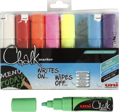 Set markera Uni Chalk Marker, majë daltë e gjerë, 8 copë, ngjyra përzjer