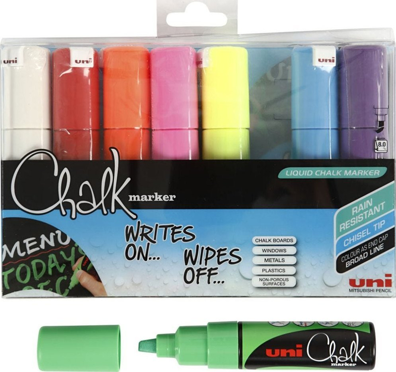 Set markera Uni Chalk Marker, majë daltë e gjerë, 8 copë, ngjyra të përziera