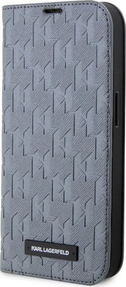 Këllëf telefoni Karl Lagerfeld KLBKP14SSAKLHPG për iPhone 14, tip libër, Saffiano Monogram, argjendtë