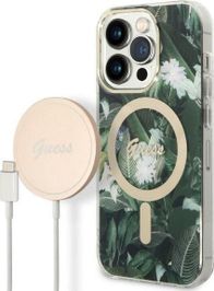 Set aksesorësh Guess Jungle GUBPP14LHJEACSA për iPhone 14 Pro, mbrojtëse e gjelbër MagSafe, karikues wireless gold
