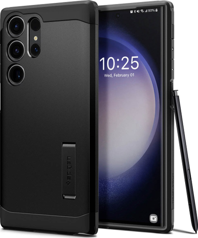 Mbulesë telefoni Spigen Tough Armor për Samsung Galaxy S23 Ultra, me mbajtëse, e zezë