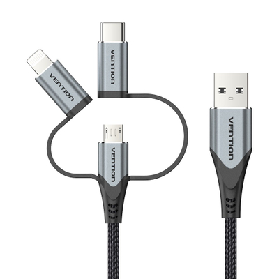 Кабел за полнење Vention 3 во 1, USB C Micro USB Lightning, 2.4A, 480Mbps, црна