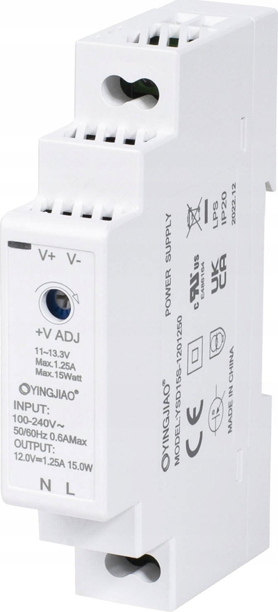 Напојување за DIN шина Yingjiao YSD15S, 24V, 0.63A 15W, бело