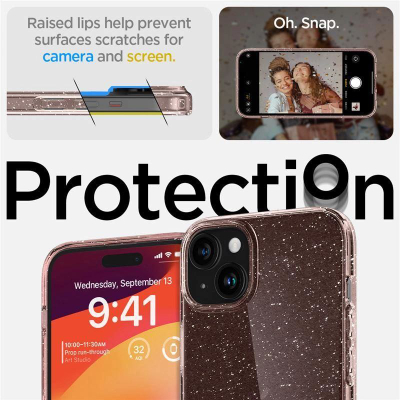 Mbrojtëse telefoni Spigen Liquid Crystal Glitter për iPhone 15 Plus, plastike TPU e butë, rose quartz