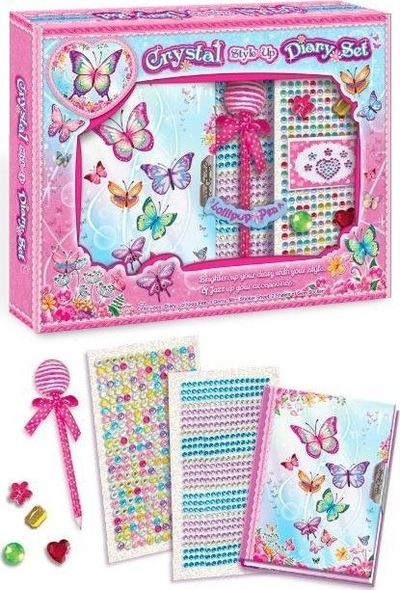 Set ditari kreativ Pulio Crystal Diary Set, me stilolaps dhe ngjitëse kristalesh, me flutura shumëngjyrëshe