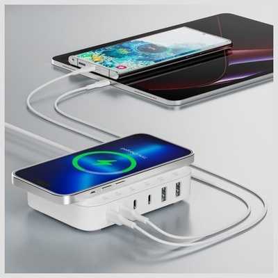 Stacion karikimi 4smarts 7n1 GaN 100W, me karikim wireless, i bardhë