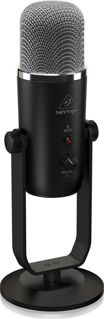 USB микрофон Behringer 2020, кондензаторски студиски, со слушалки и Mute, црн