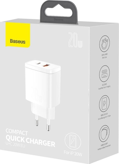 Karikues muri Baseus Compact Charger, 1x USB A, 1x USB C, 3A, i bardhë