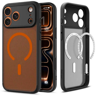 Mbulesë telefoni Spigen Ultra Hybrid MagSafe për iPhone 17 Pro, transparente, me kornizë portokalli dhe të zezë