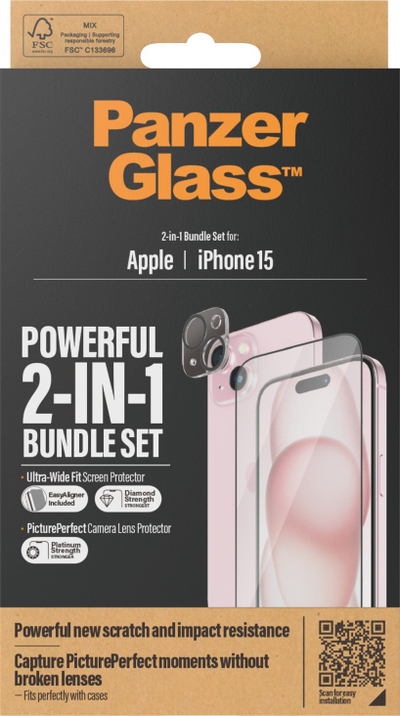 Xham mbrojtës PanzerGlass 2‑in‑1 për iPhone 15, Ultra‑Wide Fit, EasyAligner, transparent