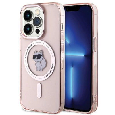 Mbajtëse telefoni Karl Lagerfeld IML Choupette MagSafe për iPhone 15 Pro Max, rozë transparente