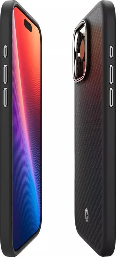 Futrollë Spigen Enzo Aramid Mag MagSafe për iPhone 16 Pro, fibër aramid, e zezë me argjend