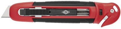 Prerëse sigurie WEDO Safety Cutter Standard, teh trapezoidal, tërheqje automatike e tehut, e zezë e kuqe