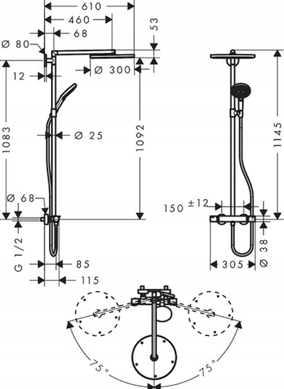 Set dushi Hansgrohe Raindance E, me termostat të futur brenda, dush fiks 30 cm, krom