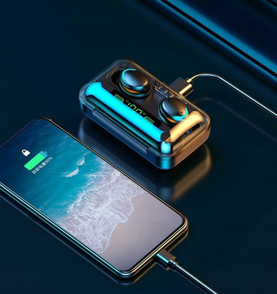 Kufje wireless TWS me powerbank, Bluetooth, kuti karikimi me ekran dixhital, ngjyrë e zezë