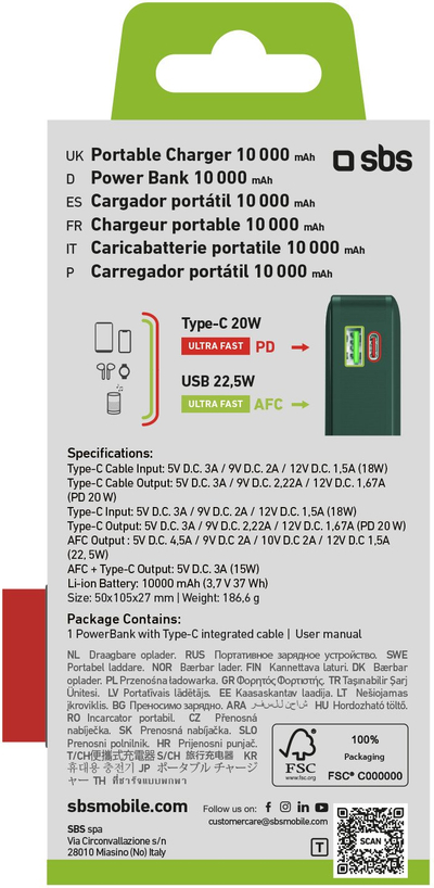 Надворешна батерија SBS TTBB10000LCDTCPD20G, 10000mAh, 20W, зелена
