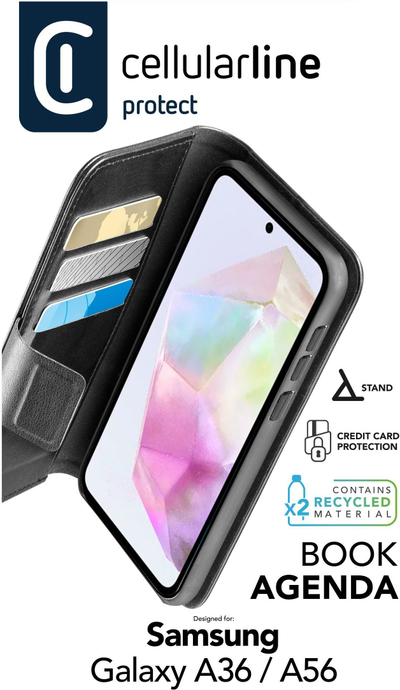 Mbulesë telefoni Cellularline Book Agenda 2, për Samsung Galaxy A36 5G dhe A56 5G, me hapje anësore, e zezë