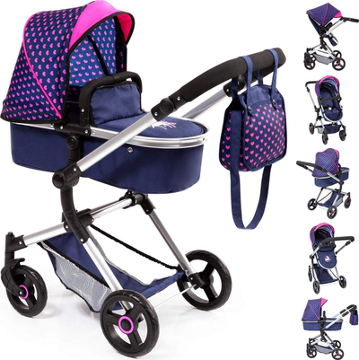 Karrocë lodër për kukulla Bayer City Baby Doll Pram, me dorezë të rregullueshme, paloset, blu