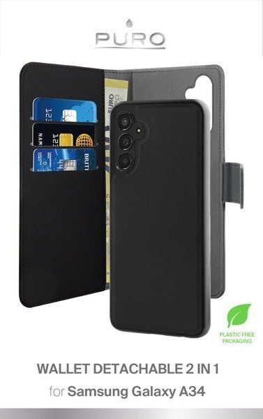 Këllëf-portofol Puro për Samsung Galaxy A34 5G, 2 në 1, me magnet, i zi