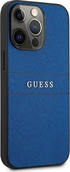 Futrollë telefoni Guess Saffiano Metal Logo Stripes, për iPhone 13 Pro 6.1", TPU dhe lëkurë sintetike, blu