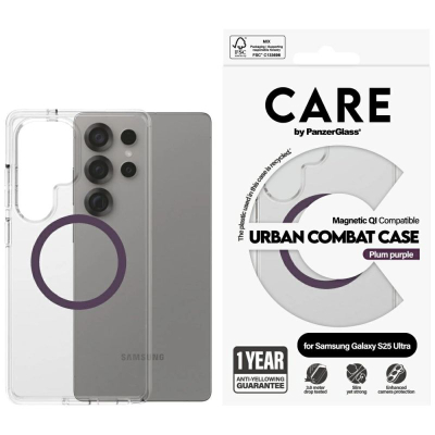 Футрола за телефон PanzerGlass Urban Combat за Samsung Galaxy S25 Ultra, магнетска QI, проѕирна слива виолетова