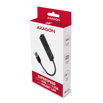 Мултипорт хаб AXAGON HMA-GL3A, USB 3.0 Тип A, Gbit LAN, 3x USB-A, читач на microSD, црн