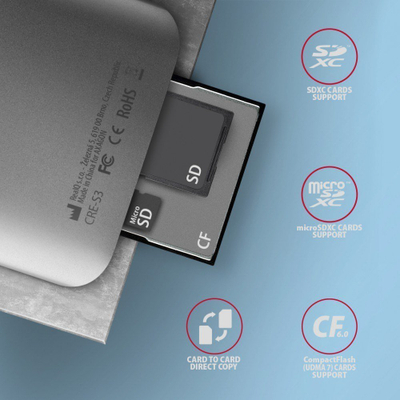 Lexues kartash Axagon CRE-S3, USB-A 3.2 Gen 1, 3 slote SD microSD CF, gri