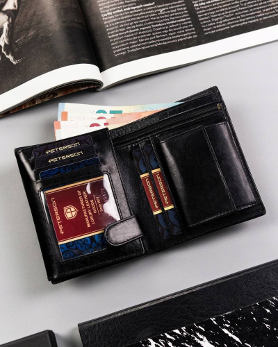Portofol meshkujsh Peterson, lëkurë natyrale, RFID, i zi