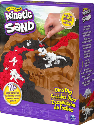 Set lodër Kinetic Sand Dino Dig, 454g, mbi 10 kocka dinosauri, me ngjyra të ndryshme